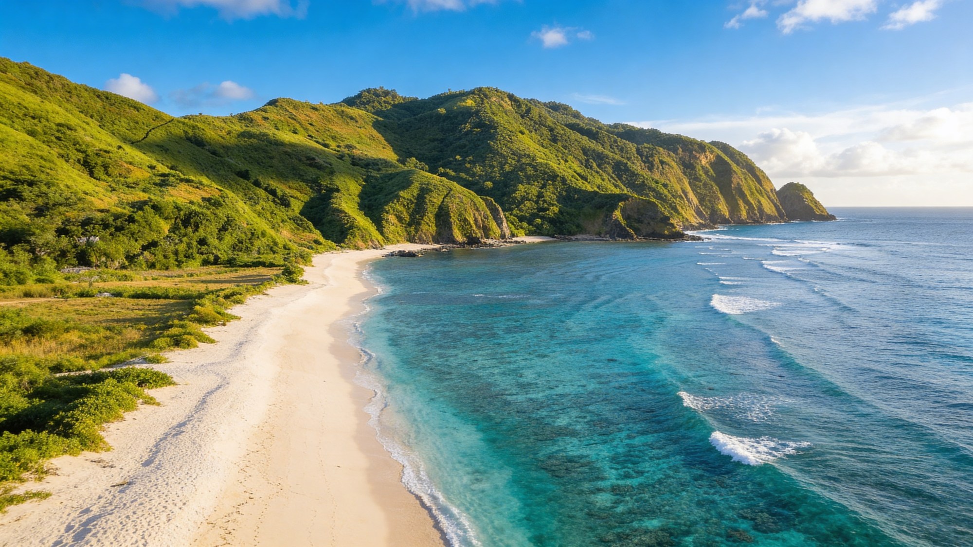 Aerial view of Lombok's turquoise bay and white sand coastline